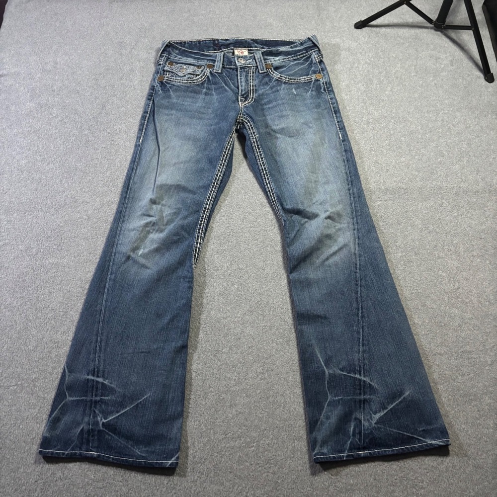 True Religion Joey Big T Jeans Mens 33 Blue Vintage Y2K Flare Leg Whiskered